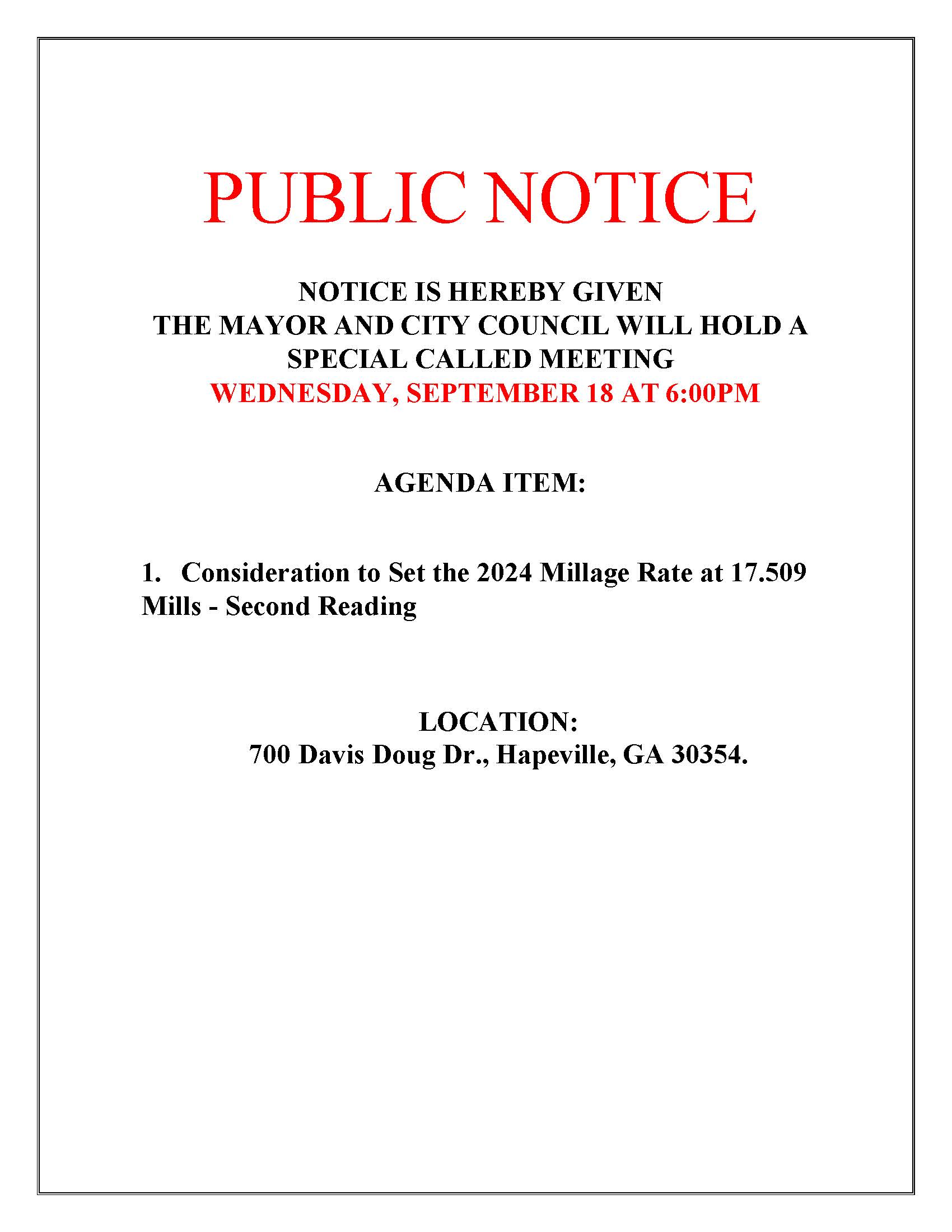 PUBLIC NOTICE  09182024 SPECIAL CALLED MEETING